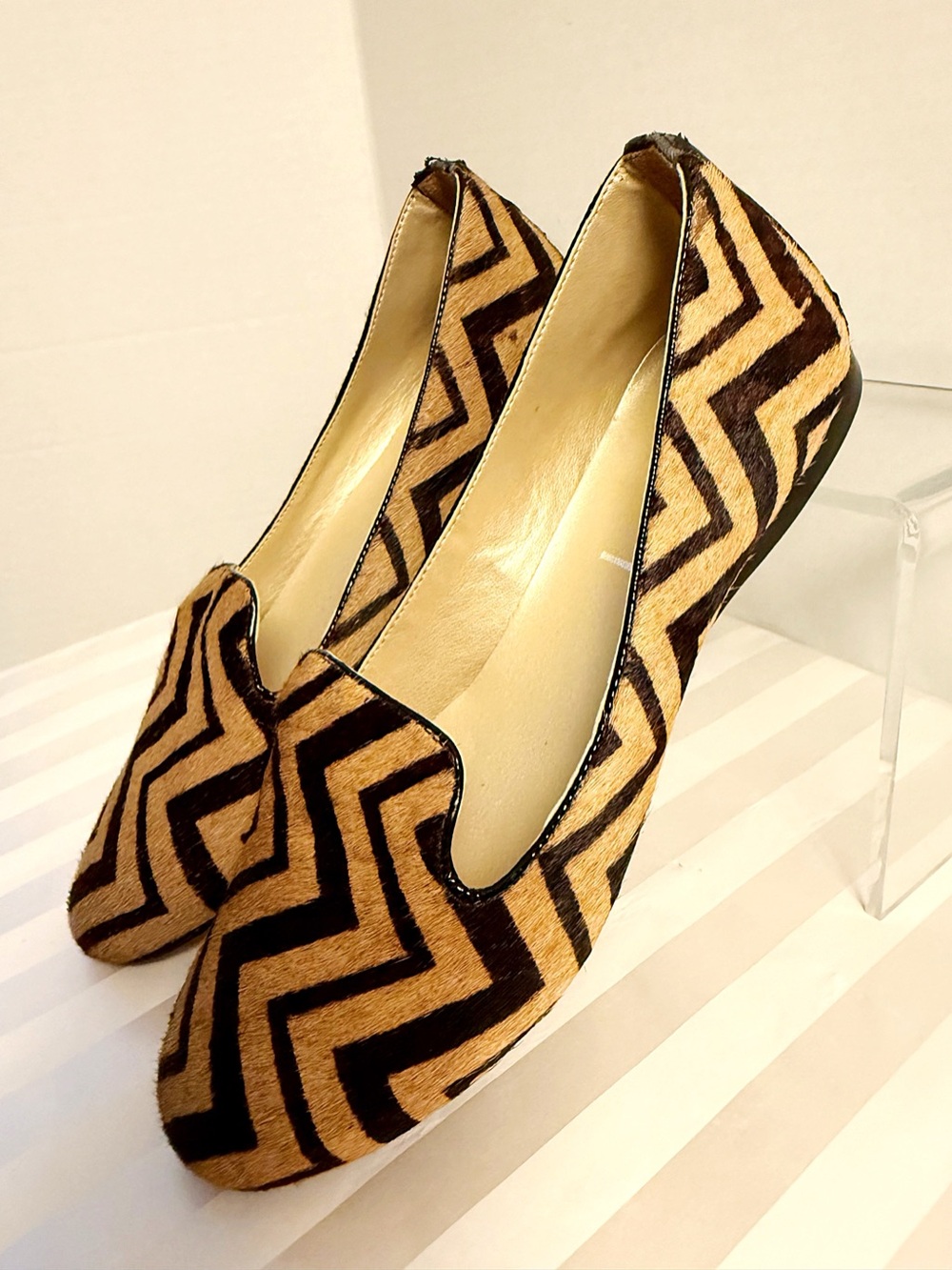 French Sole Gaga Calf Hair Chevron Smoking Flats Brown Black 6.5